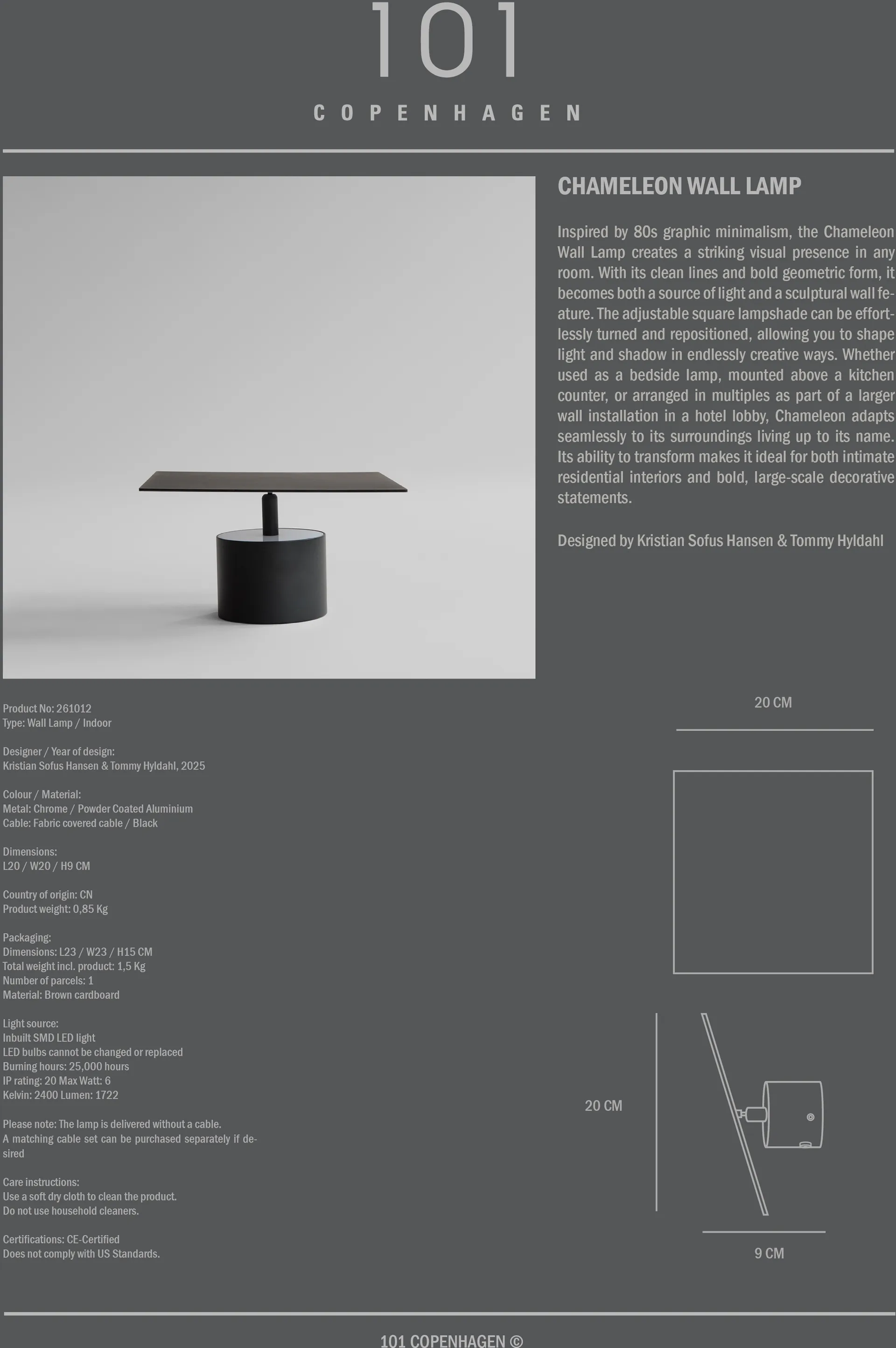 Candeeiro de parede Chameleon, Burned Black 101 Copenhagen