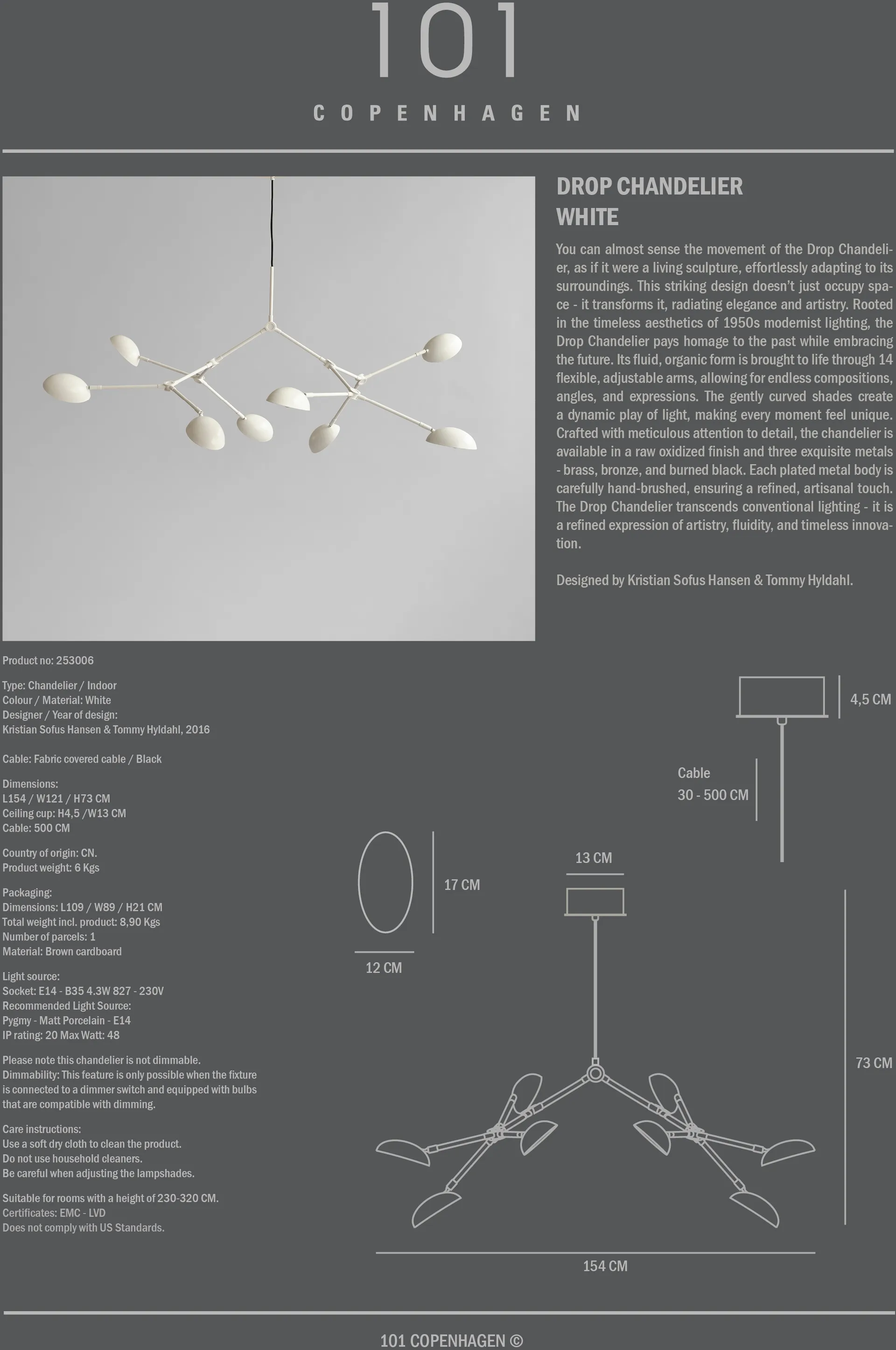 Drop Chandelier lustre, Branco 101 Copenhagen