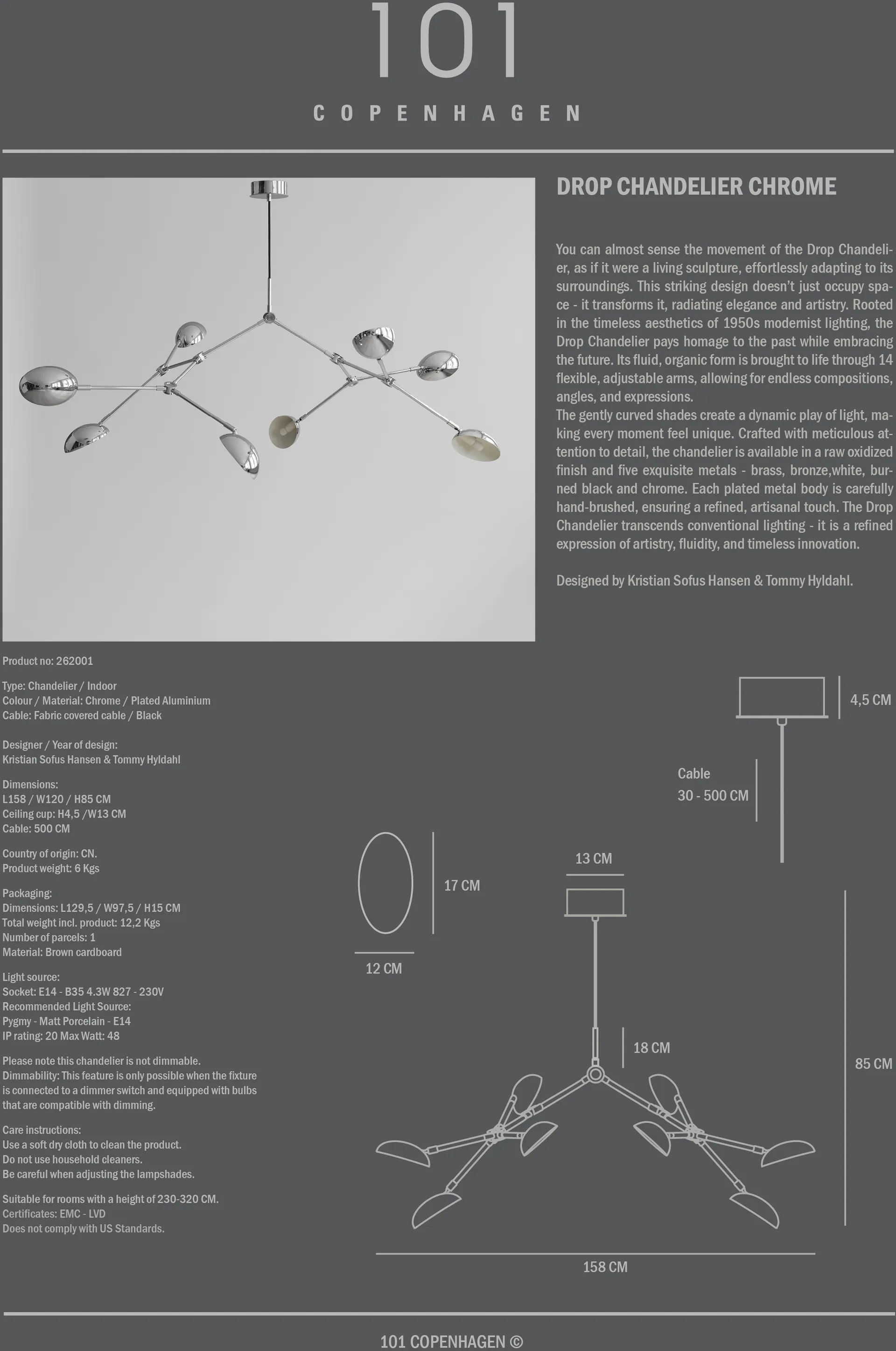 Drop Chandelier lustre, Chrome 101 Copenhagen