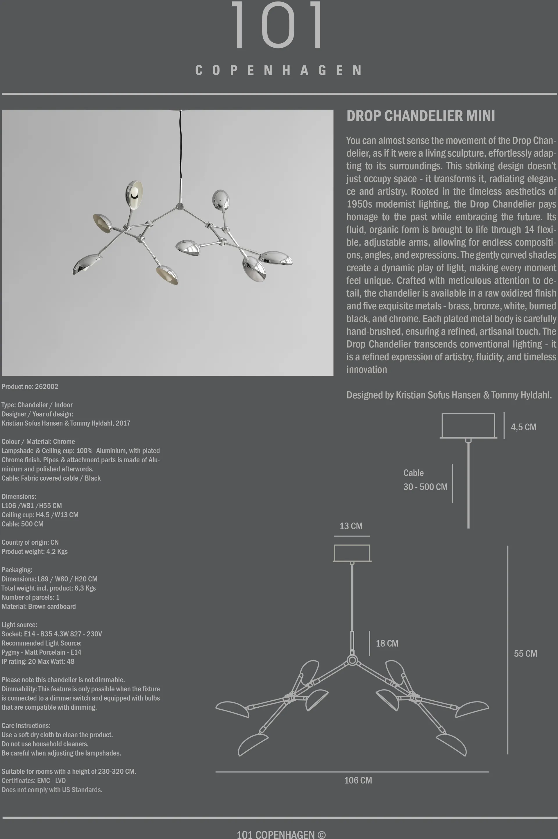 Drop Chandelier lustre mini, Chrome 101 Copenhagen