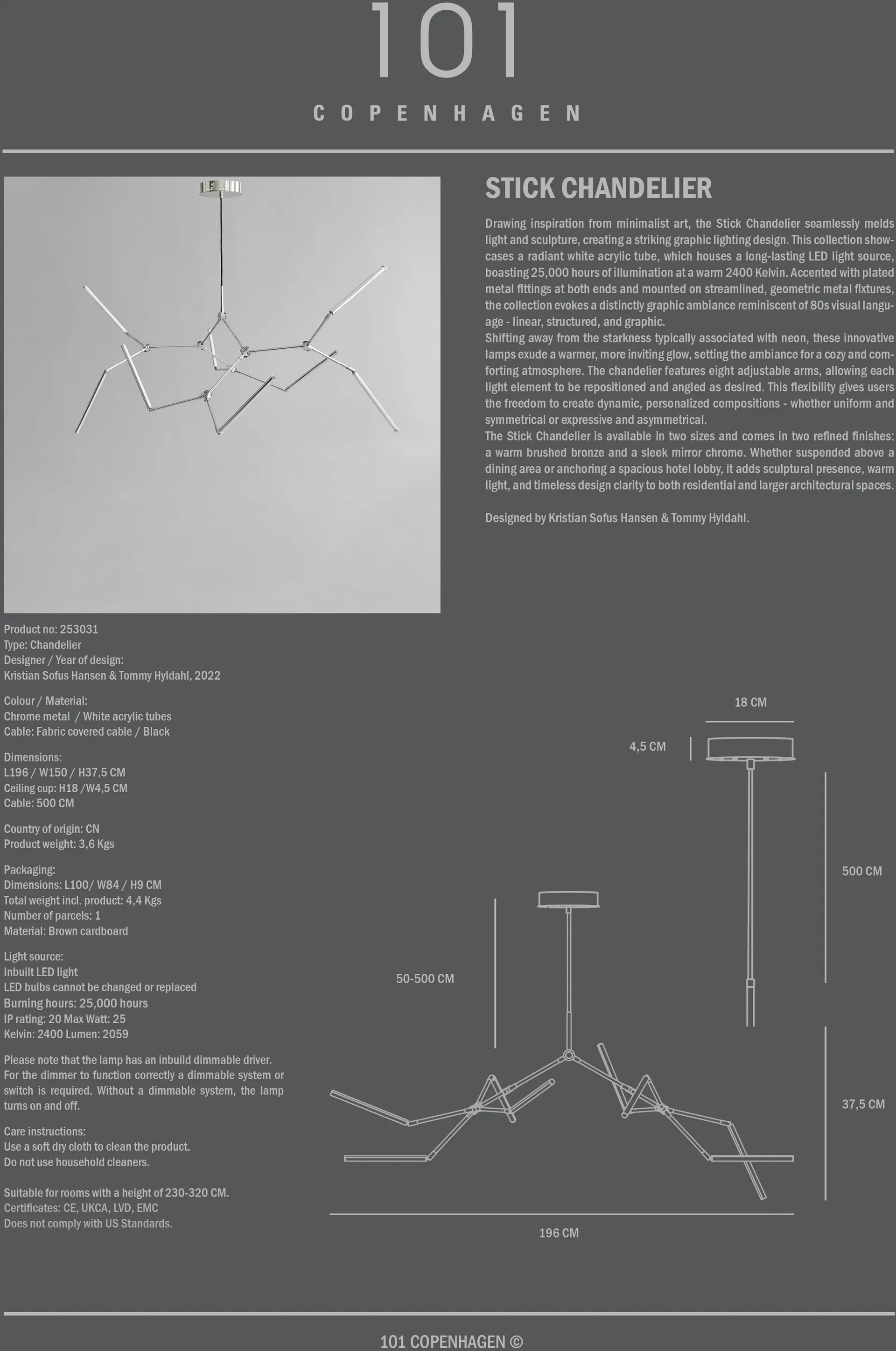 Stick chandelier lustre, Cromado 101 Copenhagen