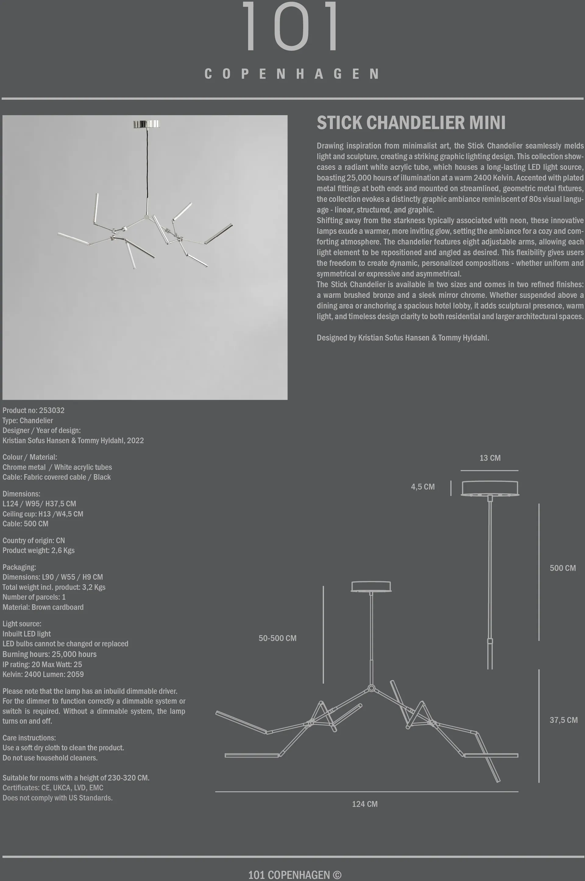 Stick chandelier lustre mini, Cromado 101 Copenhagen