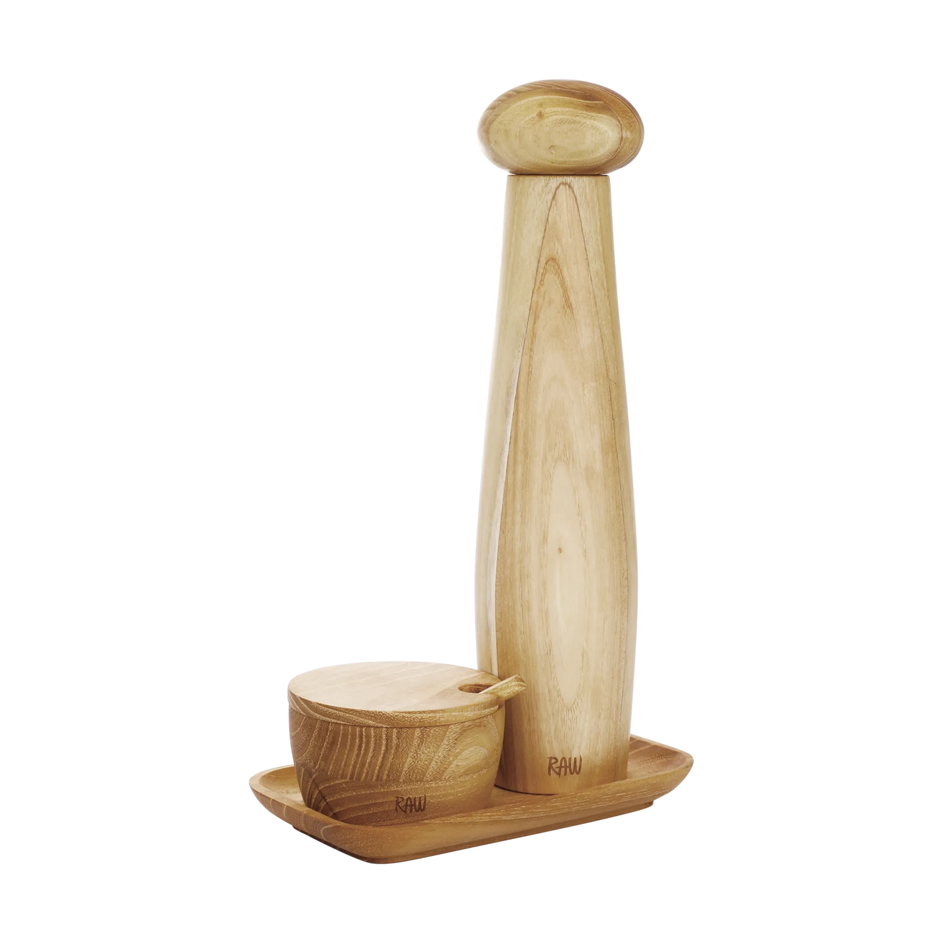 Moinho de pimenta cerâmico, tigela para sal & bandeja Raw 3 peças, Teca Aida