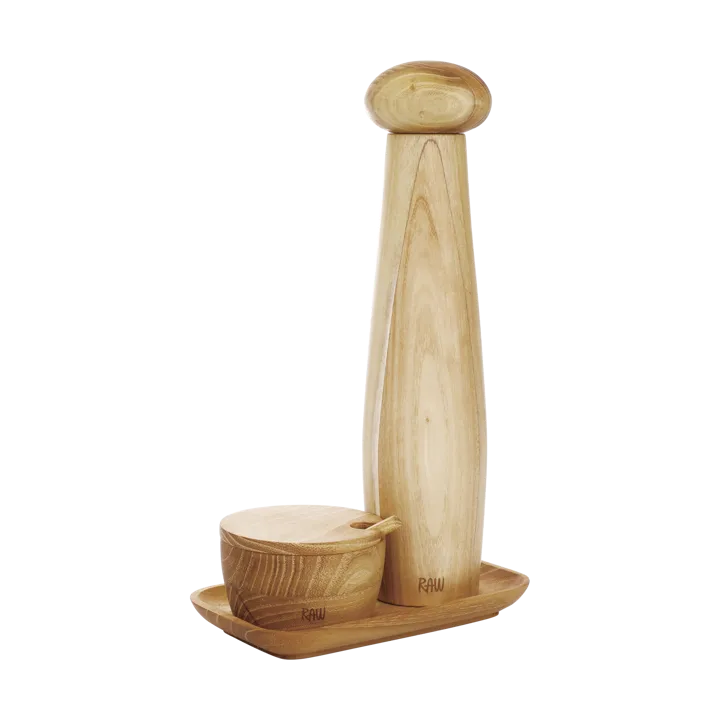 Moinho de pimenta cerâmico, tigela para sal & bandeja Raw 3 peças - Teca - Aida
