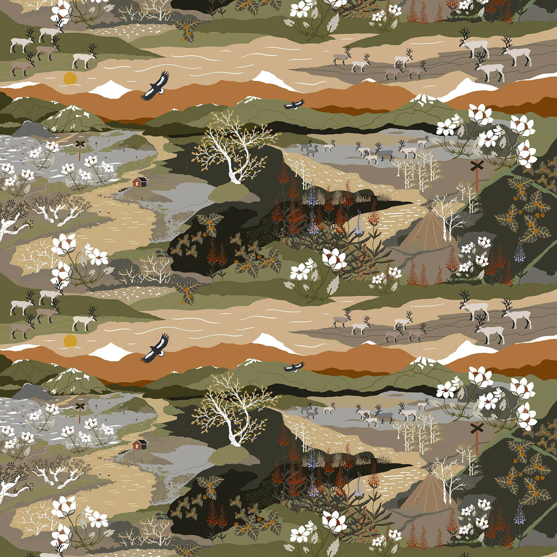 Tecido Fjällvandring, verde-ferrugem Arvidssons Textil