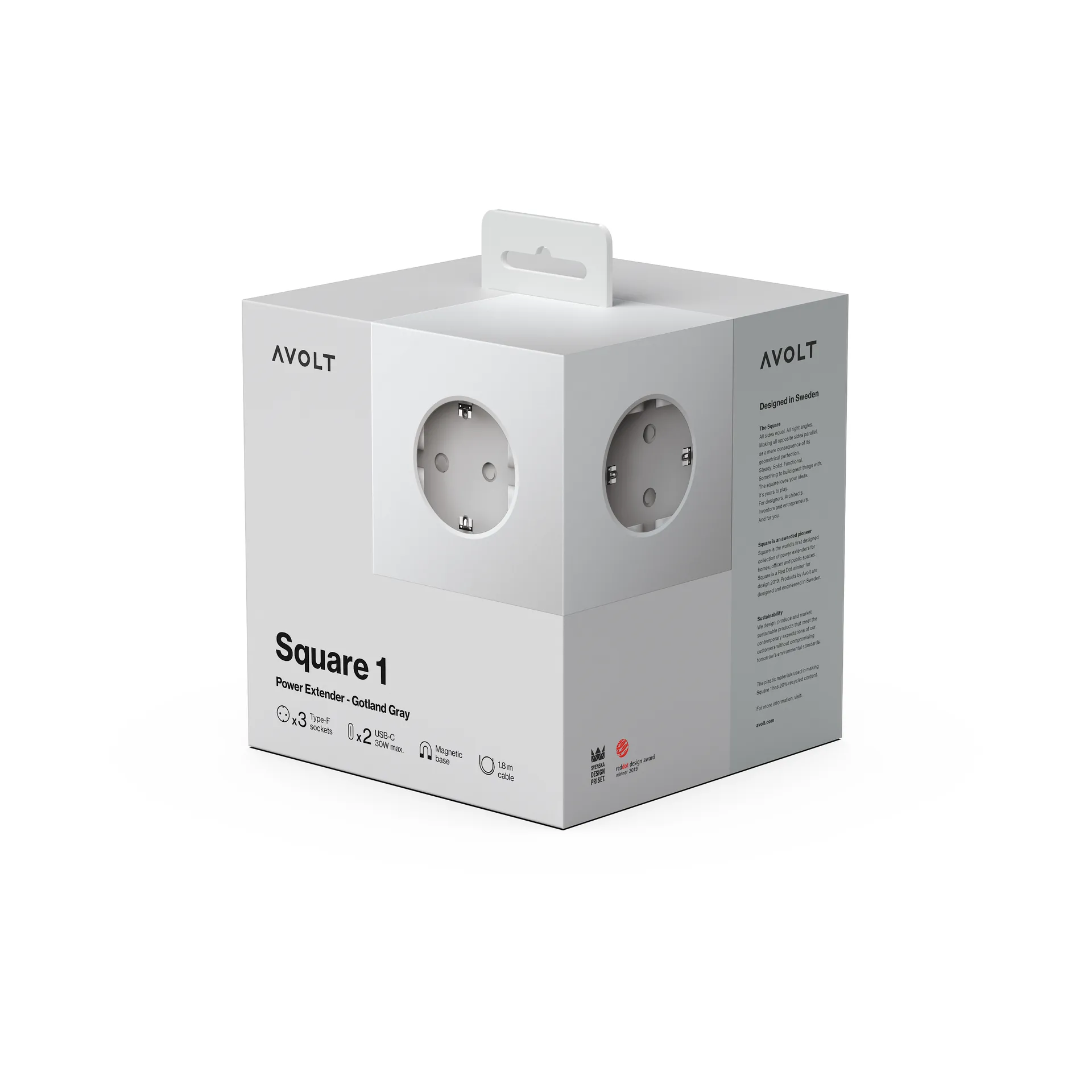 Square 1 tomada múltipla com USB-C 30W 3 m, Gotland Cinza Avolt