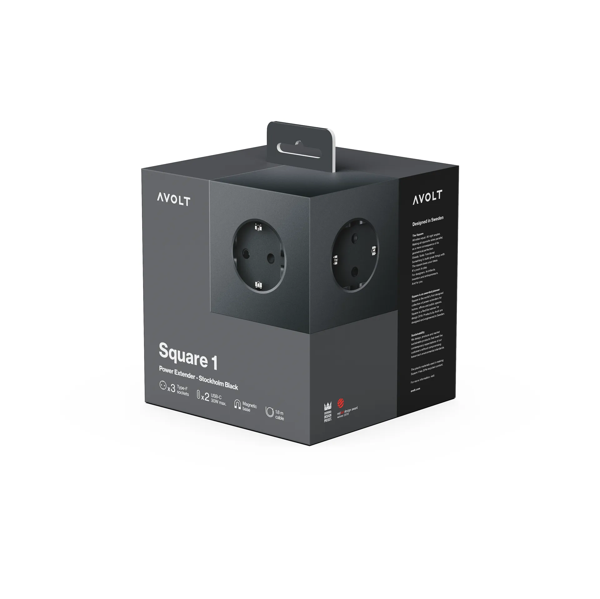 Square 1 tomada múltipla com USB-C 30W 3 m, Stockholm Black Avolt