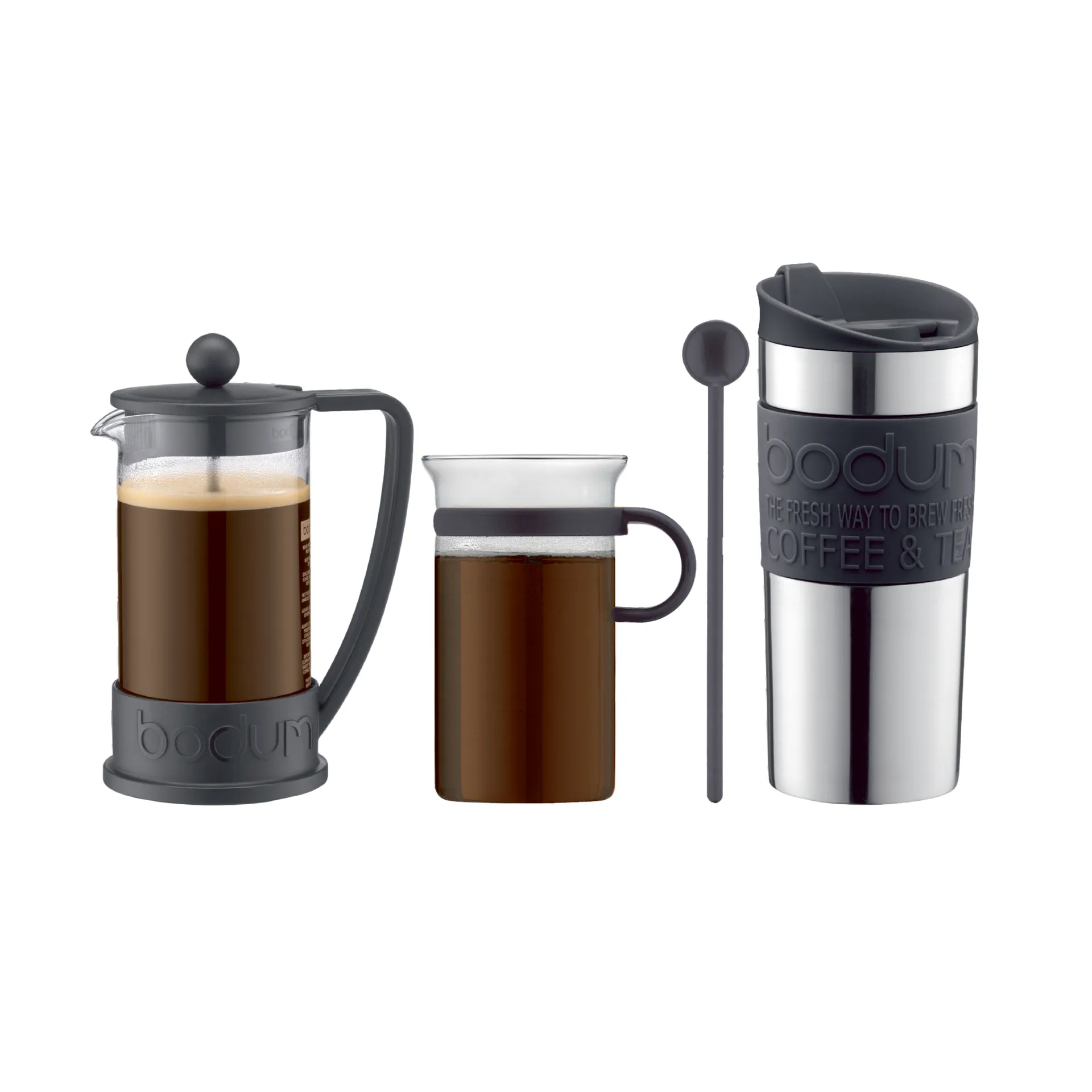 Conjunto de café com prensa, colher, caneca de viagem, Preto Bodum