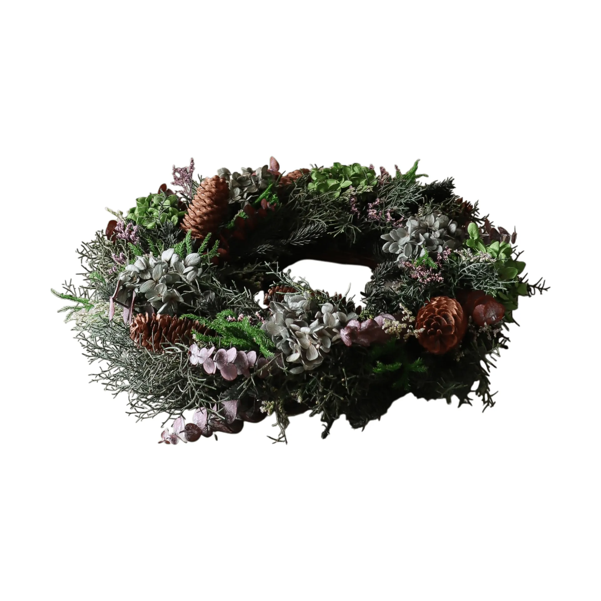 Botanical Forest Wreath grinalda de flores, Hortênsia-eucalipto-ramos de coníferas-pinhas, Ø40 cm Botané