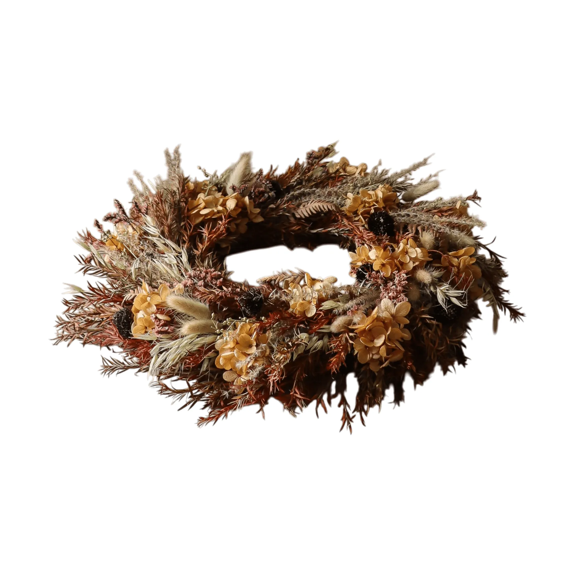 Golden Meadow Wreath grinalda de flores, Hortensia-erva seca-samambaia-orelhas de lebre, Ø40 cm Botané