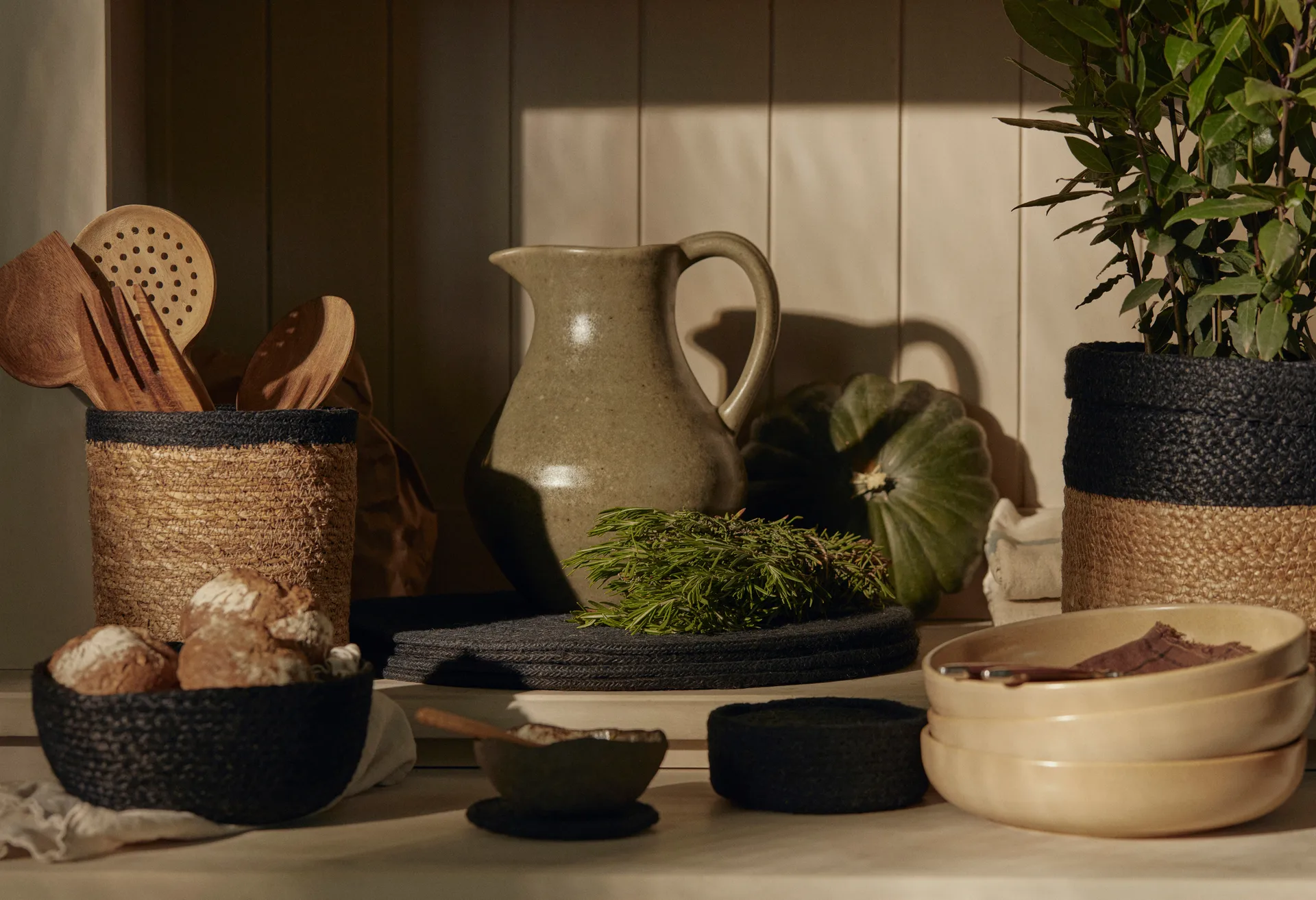 Cesta armazenamento 3-unidades Elin, Natural-preto Dixie