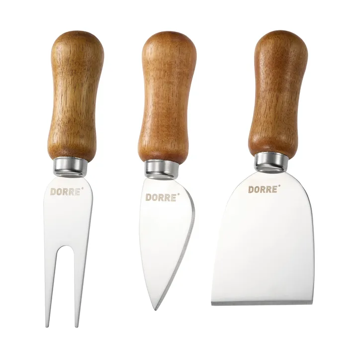 Conjunto de facas de queijo Olva - Madeira de acácia, aço inoxidável, 3 peças, 13 cm - Dorre