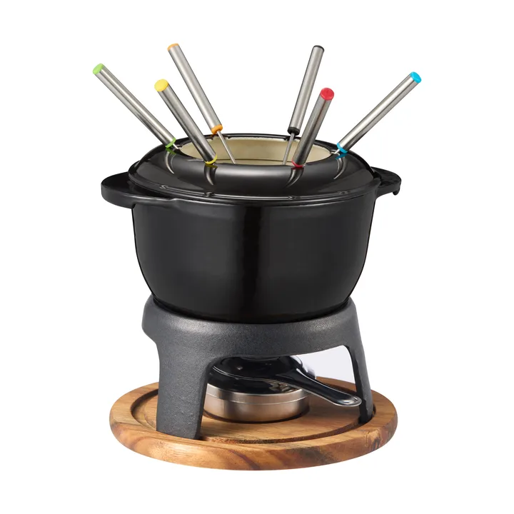 Foni fondue ferro fundido esmaltado 21×18,4×9,8 cm - Placa de madeira em preto-acácia - Dorre