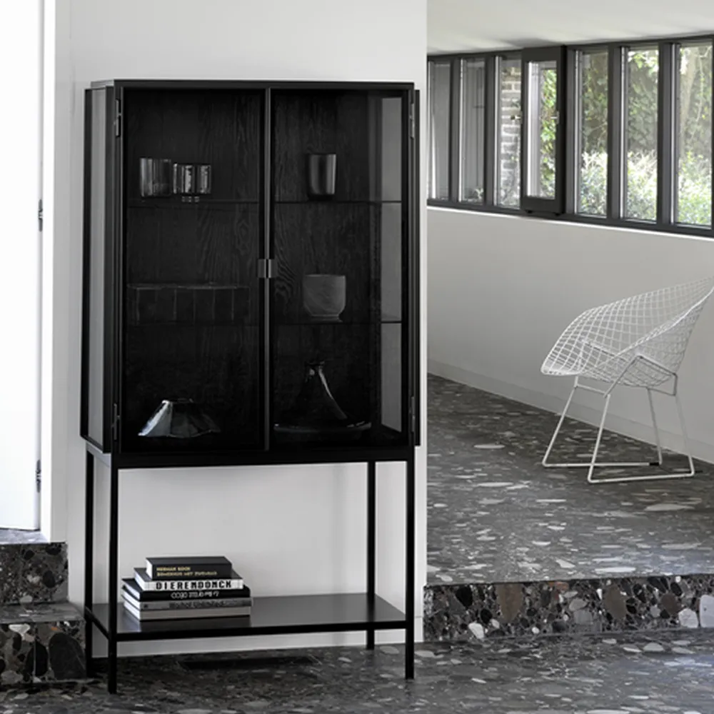 Anders High vitrine, Preto 2 portas de vidro-Metall Ethnicraft