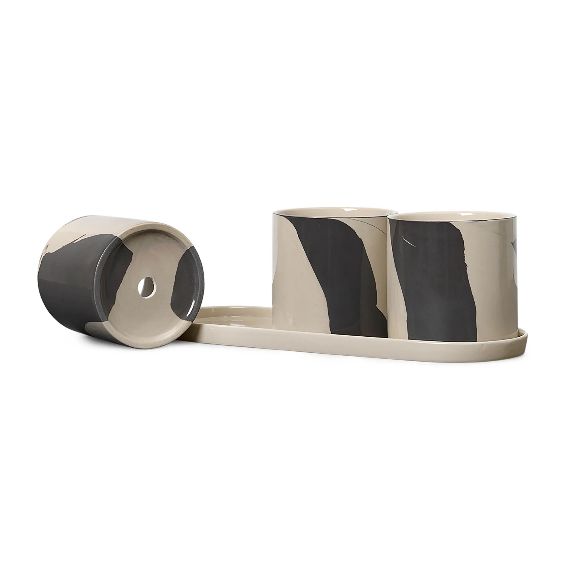 Vaso de ervas com prato Inlay, 4 peças, Sand-brown Ferm Living