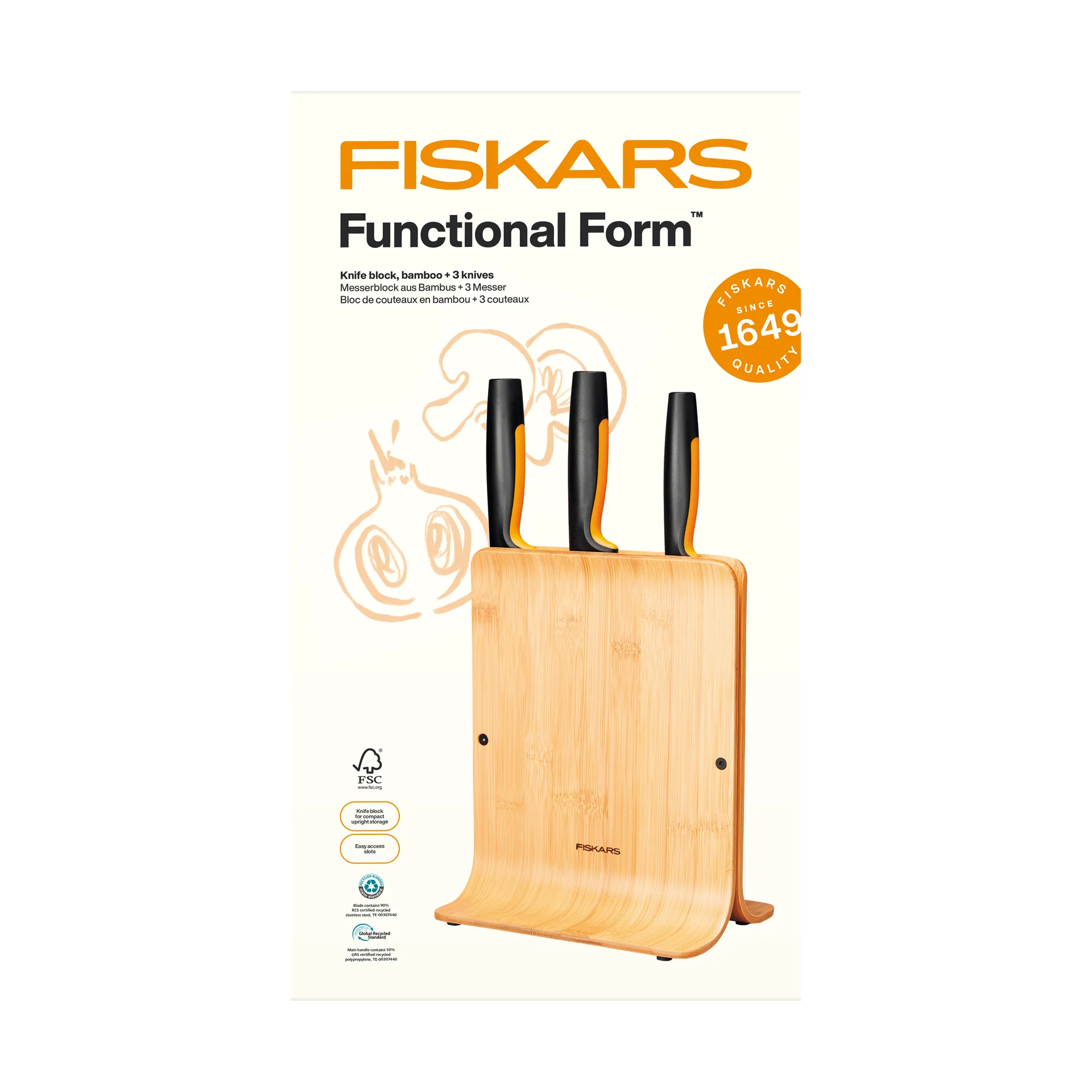Functional Form conjunto de facas com bloco de facas, Bambu, 4 peças Fiskars