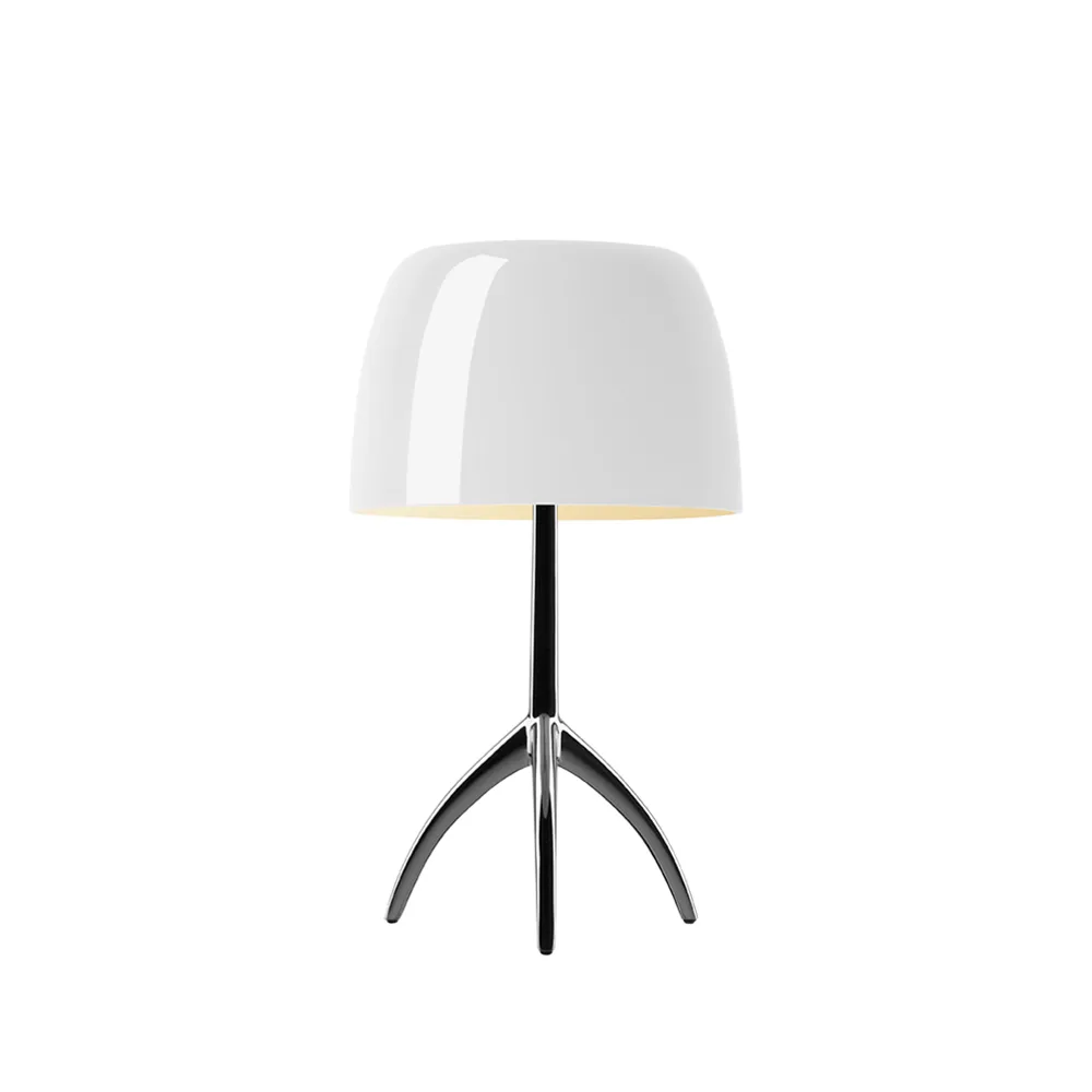 Lumiere Piccola candeeiro de mesa regulável, Tela branca base em cromado preto Foscarini
