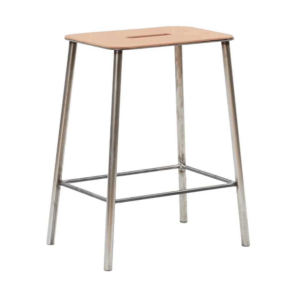 Adam banco, Raw steel-natural leather, H:50 cm FRAMA
