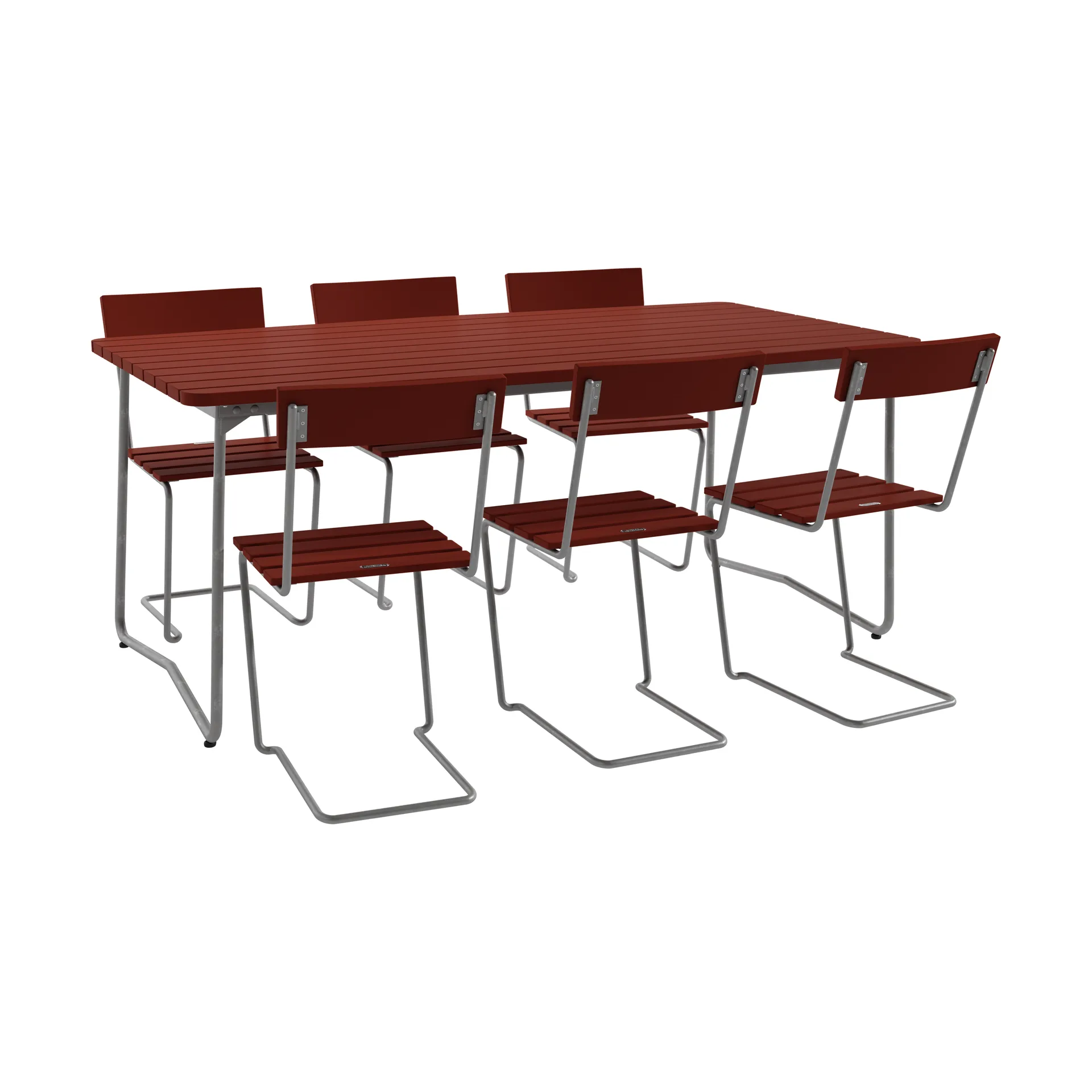 B31 mesa 170 cm + 6 Cadeira 1, vermelho‑escuro-estrutura galvanizada a quente Grythyttan Stålmöbler