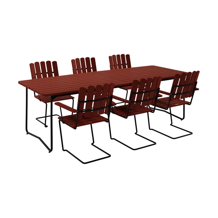 B31 mesa 230 cm + 6 poltronas A2, carvalho vermelho-escuro–estrutura preta - Grythyttan Stålmöbler