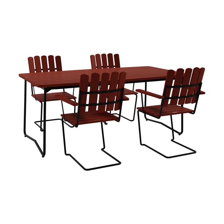 Mesa B31 170 cm + 4 poltronas A2, carvalho escuro-vermelho com estrutura preta - Grythyttan Stålmöbler