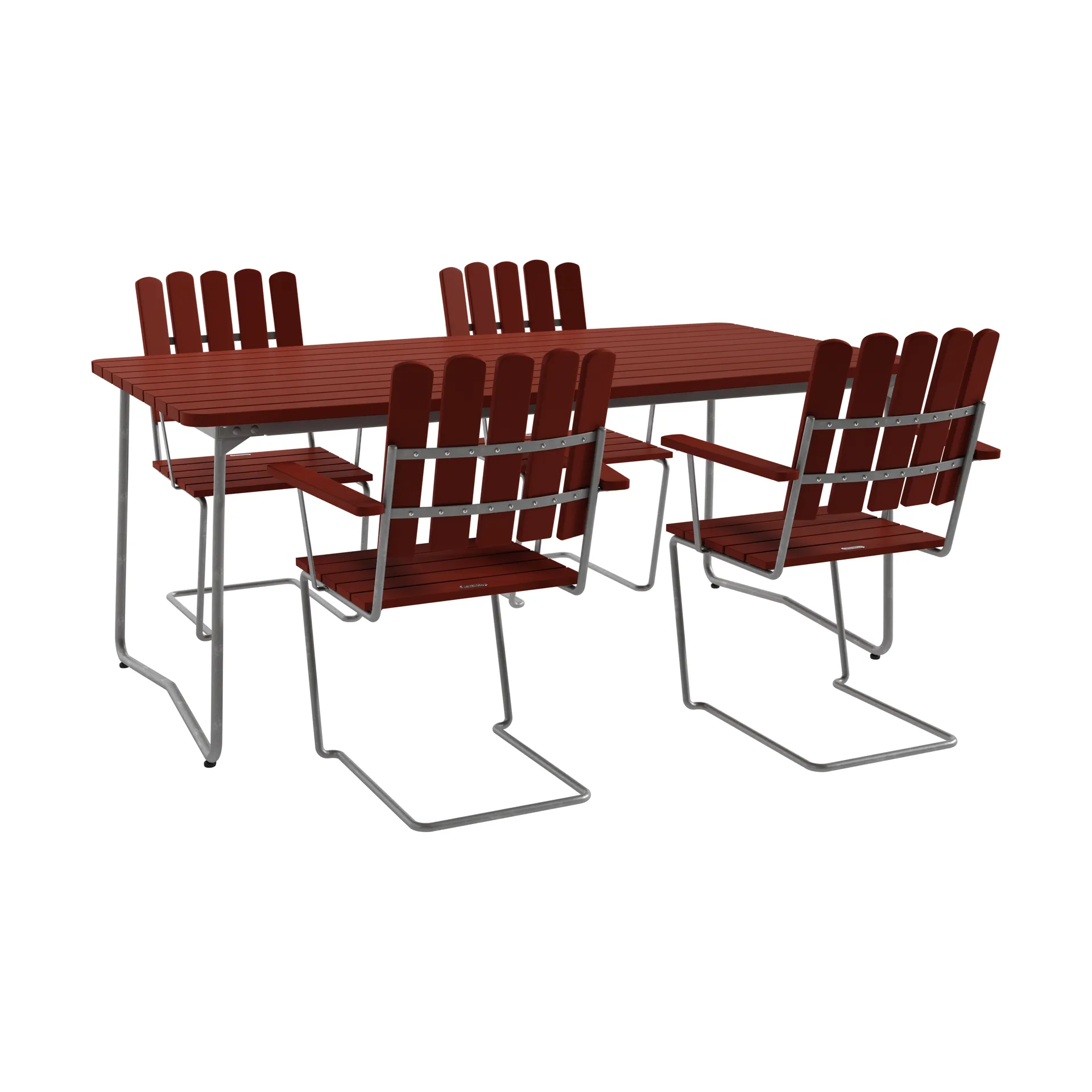 Mesa B31 170 cm + 4 poltronas A2, vermelho-escuro—estrutura galvanizada a quente Grythyttan Stålmöbler
