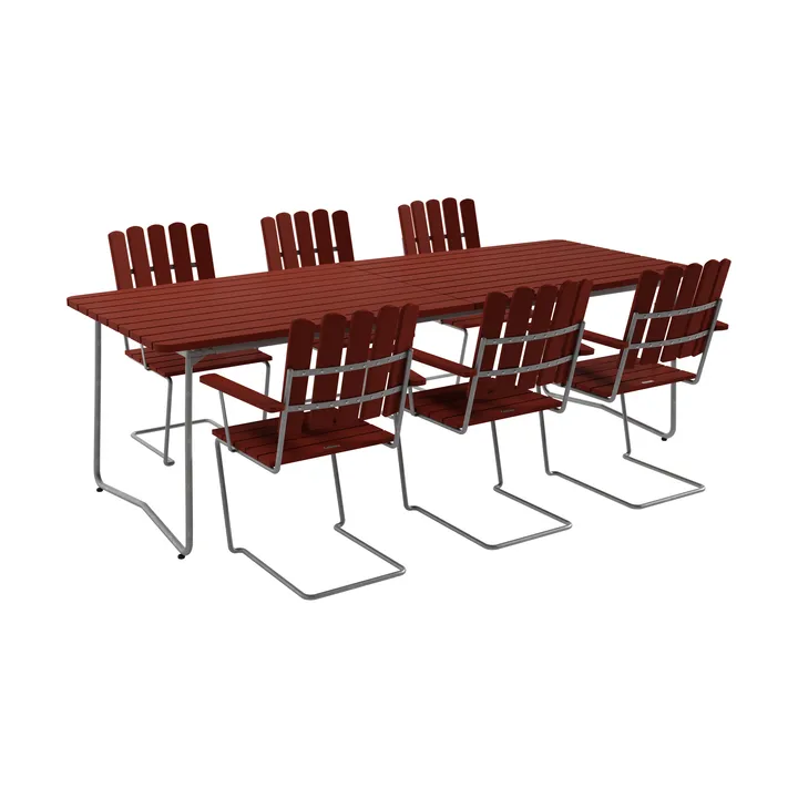 Mesa B31 230 cm + 6 poltronas A2, vermelho-escuro–estrutura galvanizada a quente - Grythyttan Stålmöbler