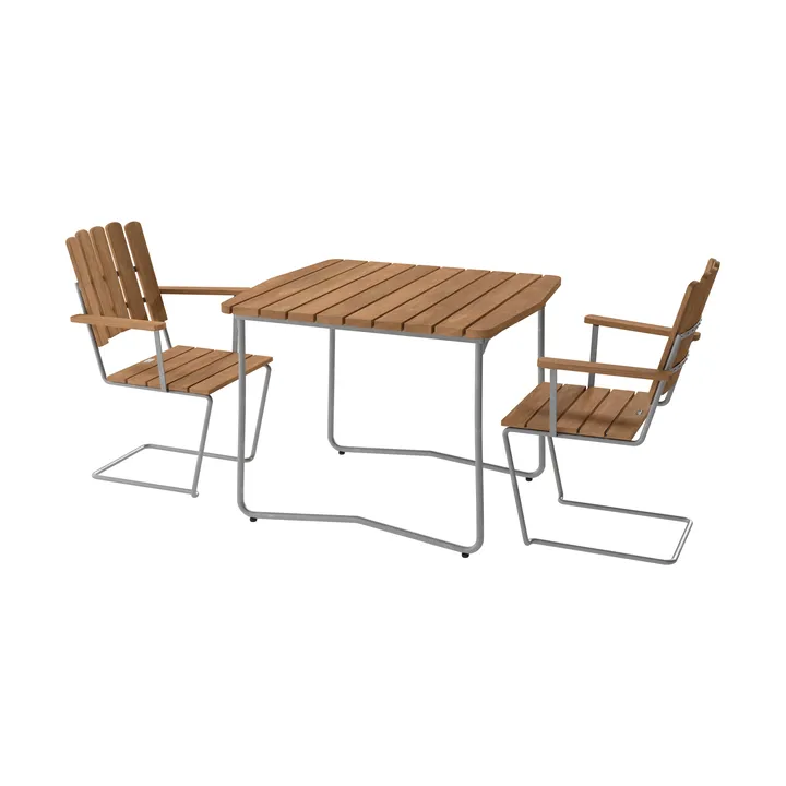 Mesa B31 92 cm + 2 poltronas A2, teca–estrutura galvanizada a quente - Grythyttan Stålmöbler