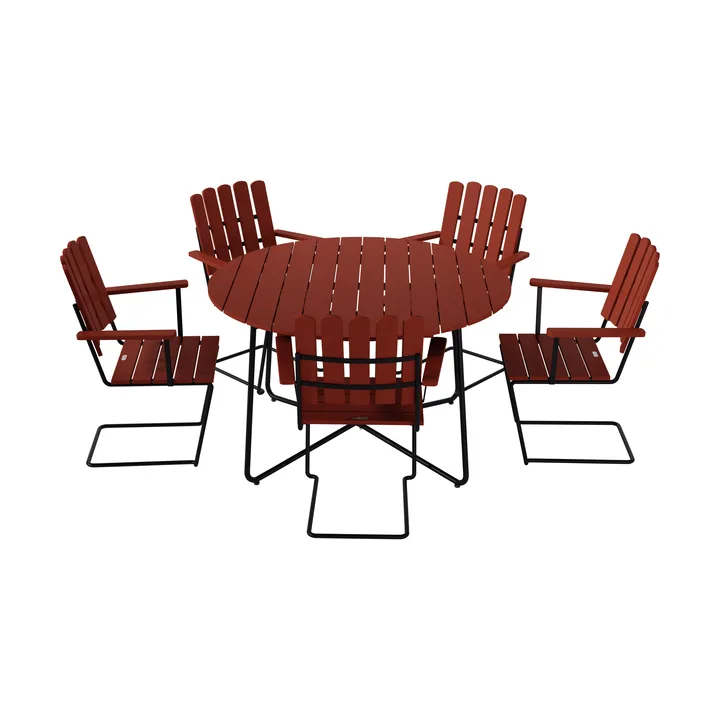Mesa de jantar 9A Ø120 cm + 5 poltronas A2, carvalho escuro-vermelho com base preta - Grythyttan Stålmöbler