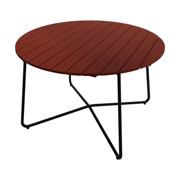 Mesa de jantar 9A - Carvalho lacado vermelho escuro – estrutura em aço preto, Ø120 cm - Grythyttan Stålmöbler