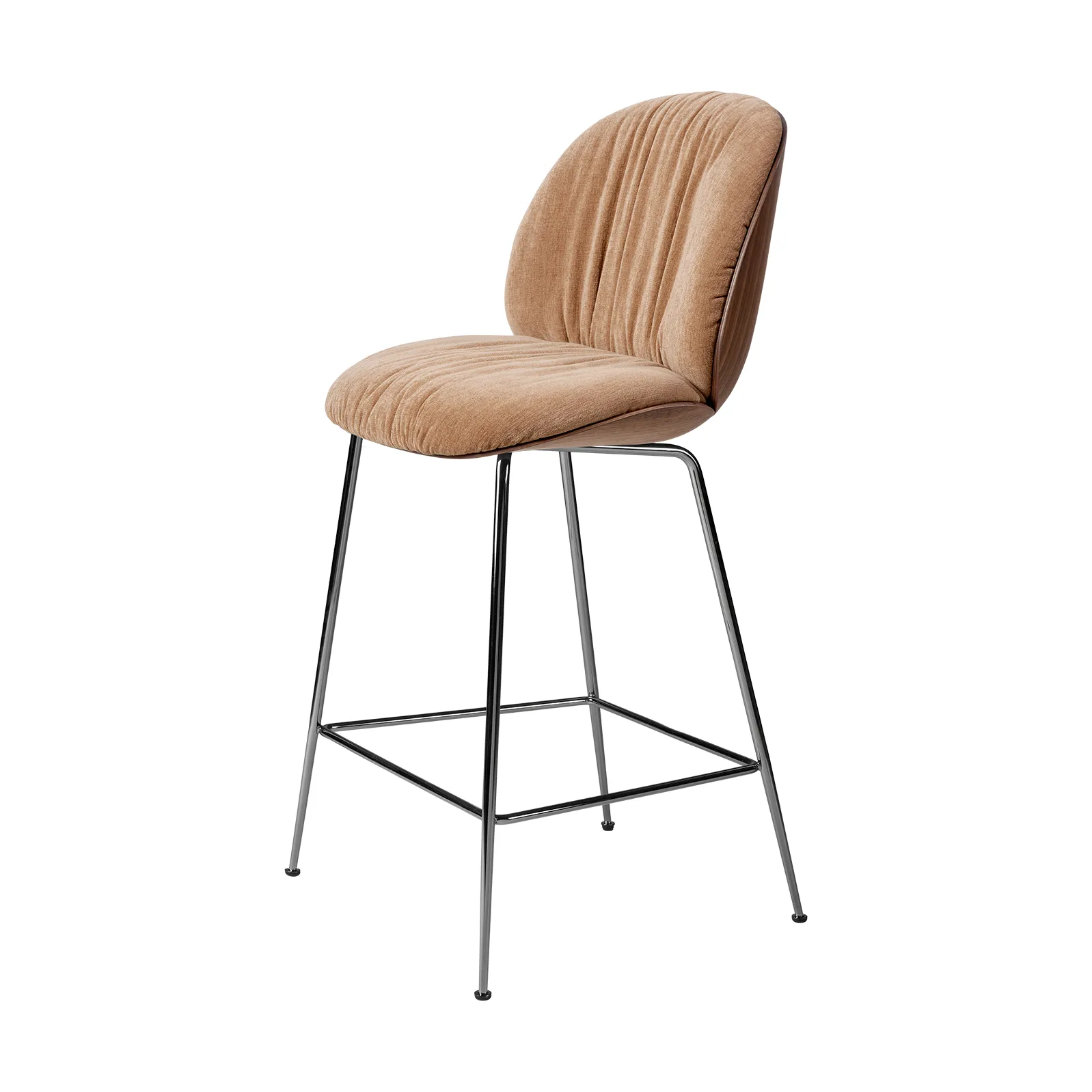 Beetle Soft banco de bar 65 cm com frente revestida, Belsuede Dedar 132-nogueira envernizada-preto cromado GUBI