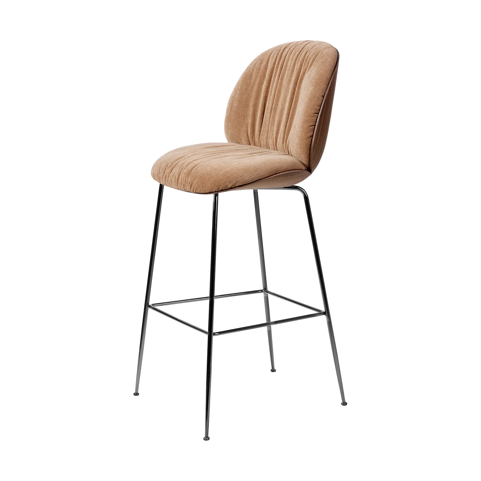 Beetle Soft banco de bar 75 cm com frente revestida, Belsuede Dedar 132-nogueira envernizada-preto cromado GUBI