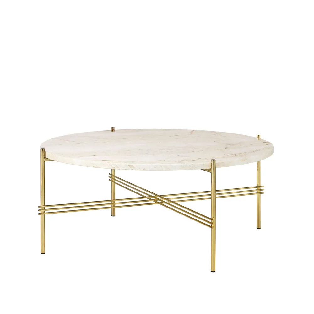 Mesa de centro TS Round, Branco calcário natural, Ø80, suporte de latão GUBI