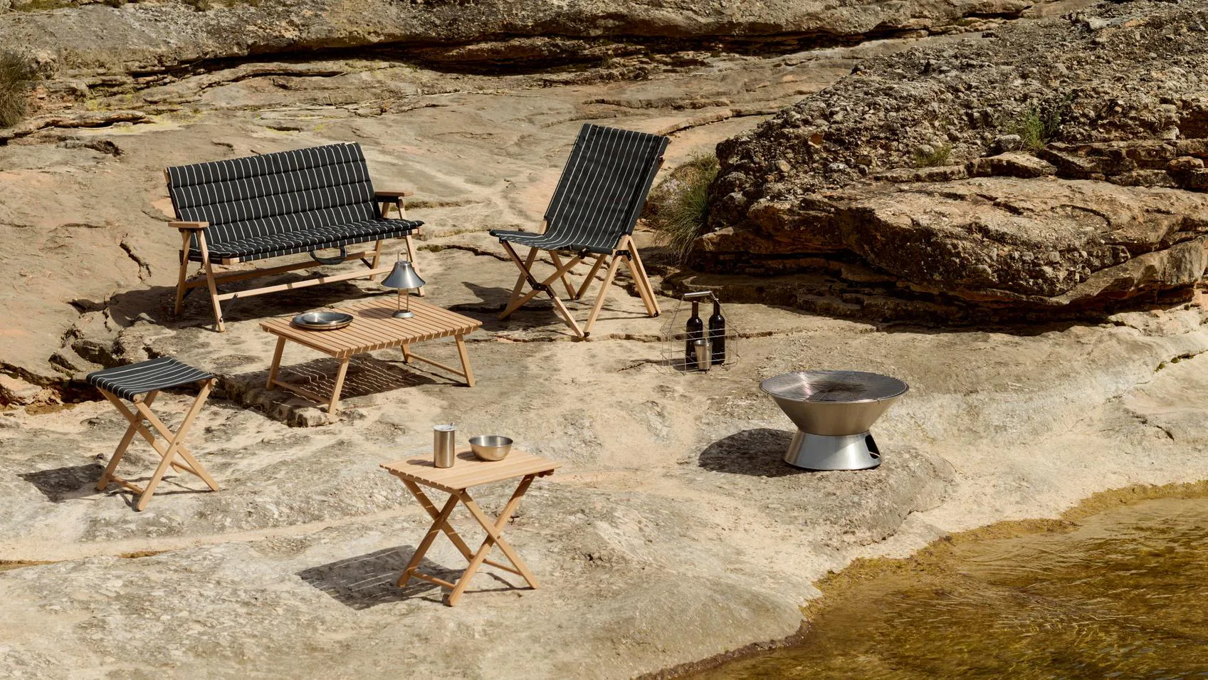 Outdoor Market sofá dobrável, Black-bege, 2 lugares HAY