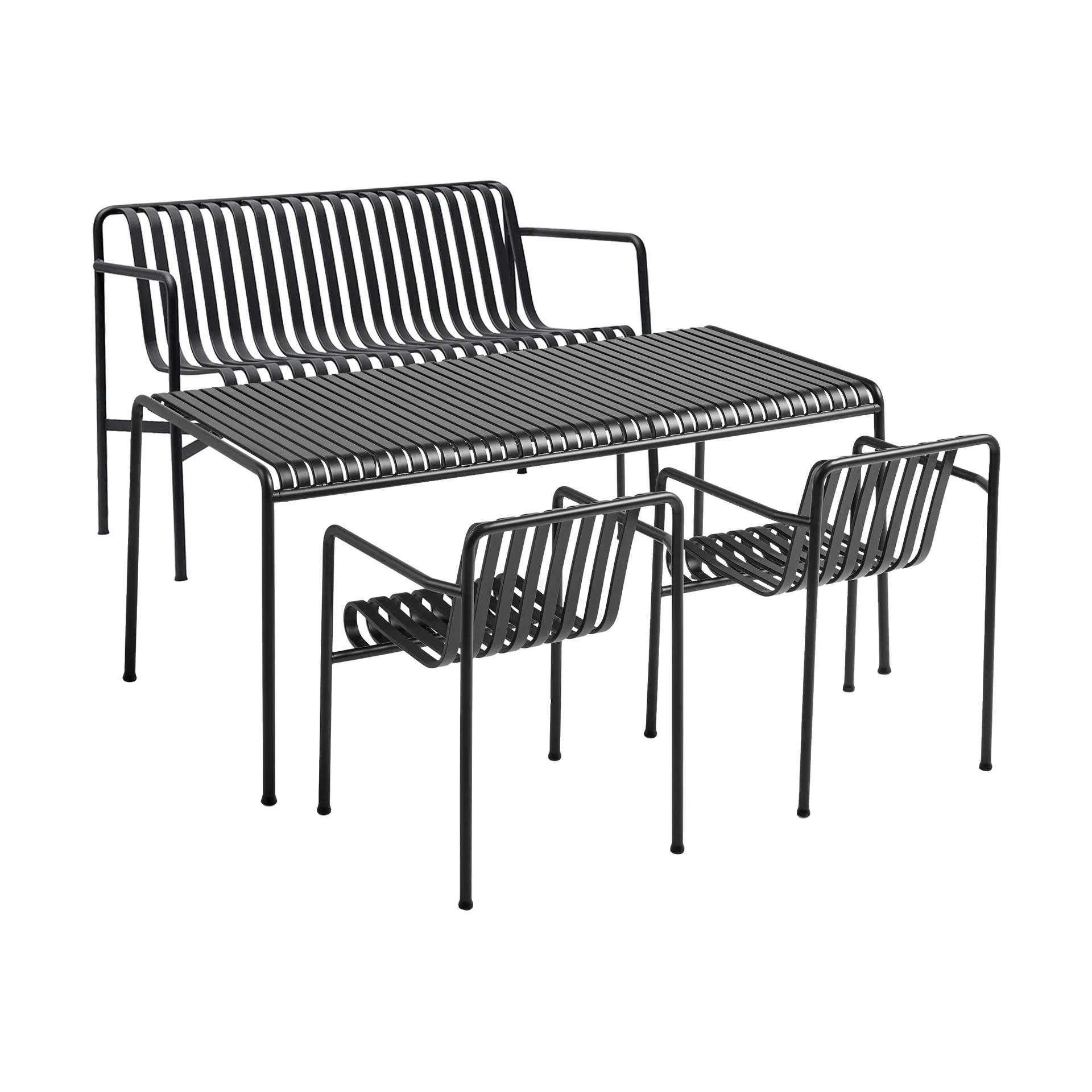 Palissade conjunto de jantar 2 cadeiras com braços + banco 170x90 cm antracite,  HAY