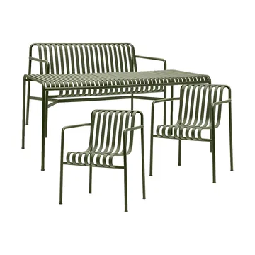 Palissade conjunto de jantar 2 cadeiras com braços + banco 170x90 cm azeitona - HAY