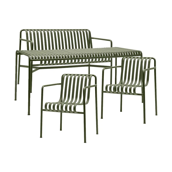 Palissade conjunto de jantar 2 cadeiras com braços + banco 170x90 cm azeitona - HAY