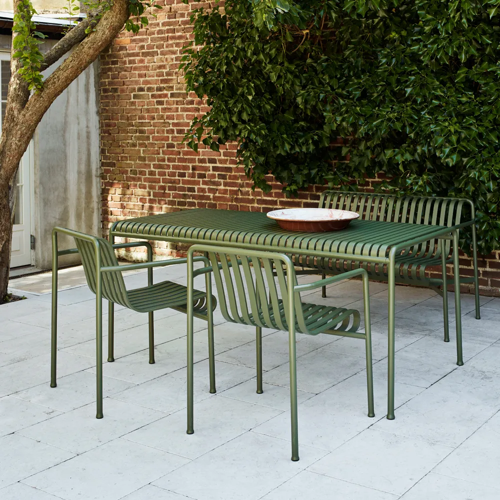 Palissade conjunto de jantar 2 cadeiras com braços + banco 170x90 cm azeitona,  HAY
