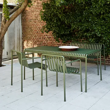 Palissade conjunto de jantar 2 cadeiras com braços + banco 170x90 cm azeitona - HAY