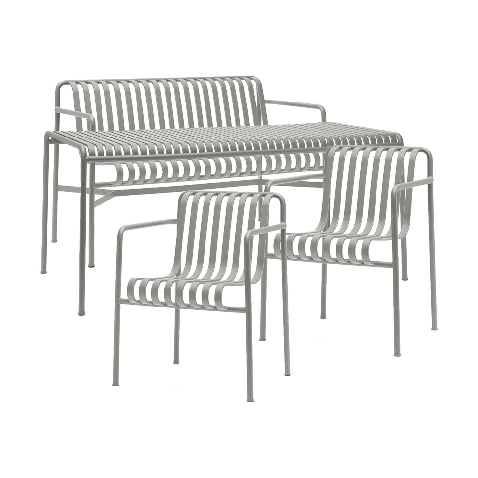 Palissade conjunto de jantar 2 cadeiras com braços + banco 170x90 cm cinza claro,  HAY