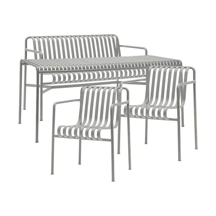 Palissade conjunto de jantar 2 cadeiras com braços + banco 170x90 cm cinza claro - HAY