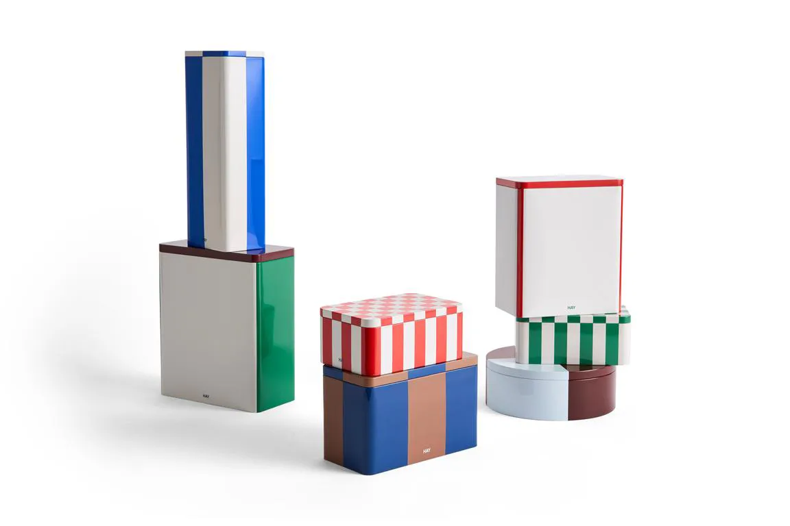 Tin Container recipiente com tampa médio, Black-off white HAY