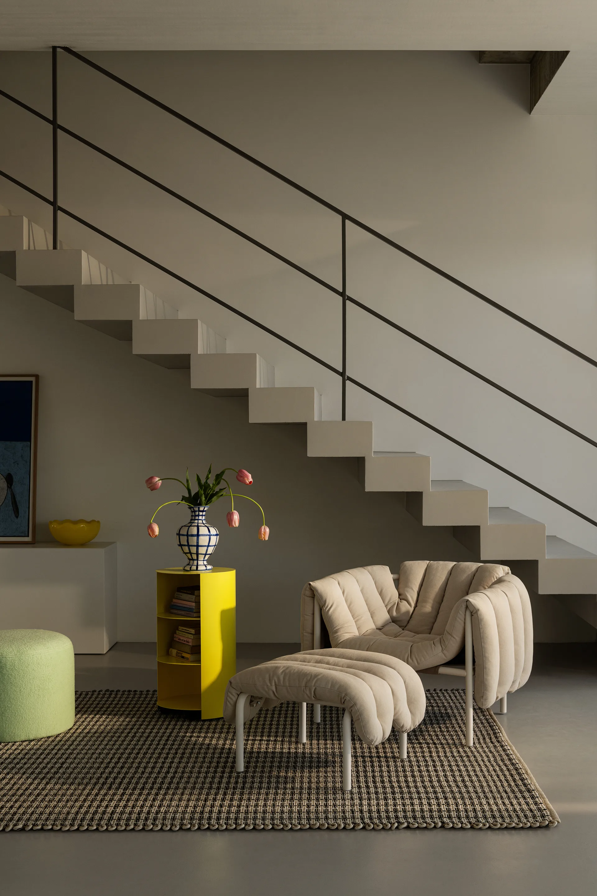 Cadeira lounge + otomano Puffy, Sawdust-aço inoxidável Hem