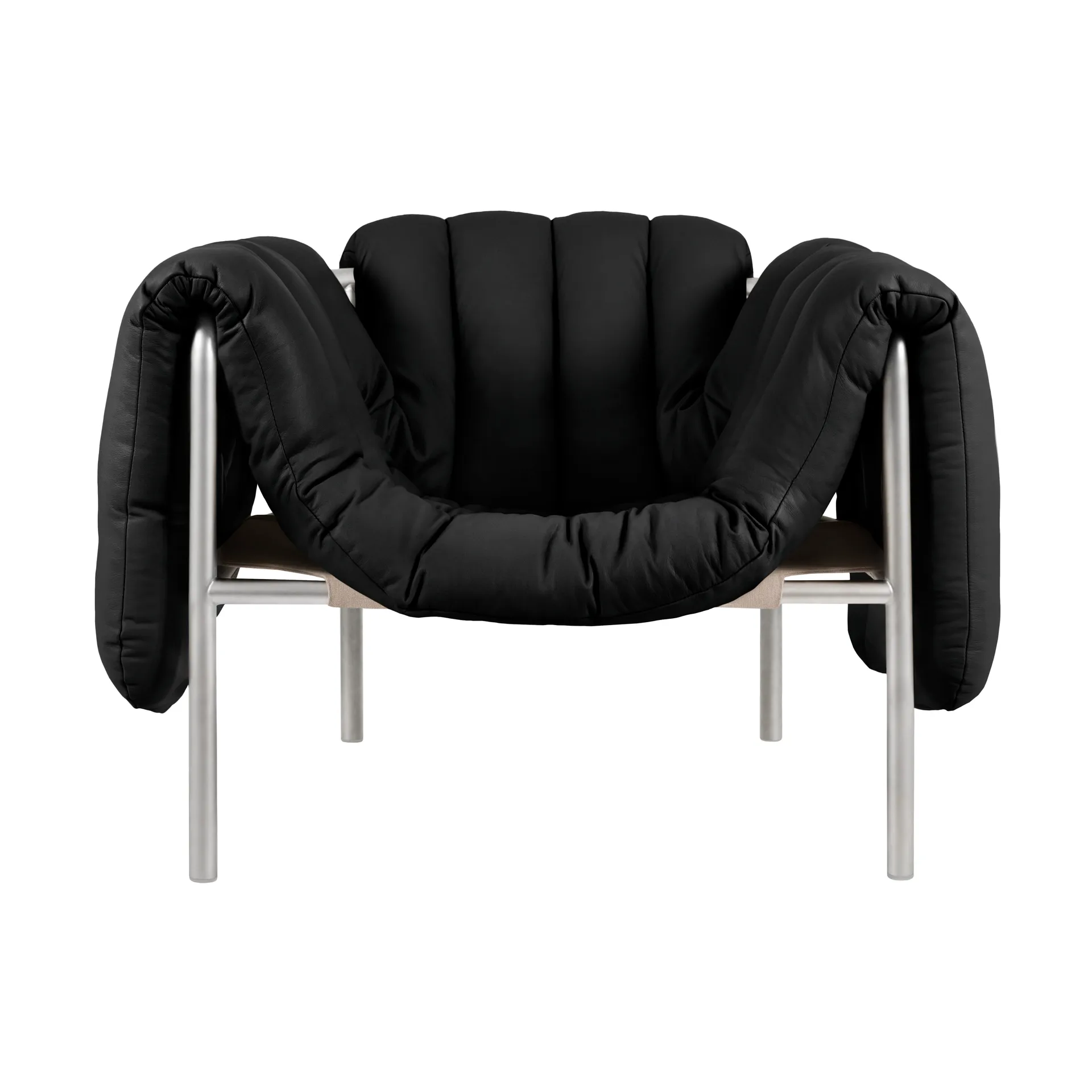Cadeira lounge Puffy, Black leather-aço inoxidável Hem