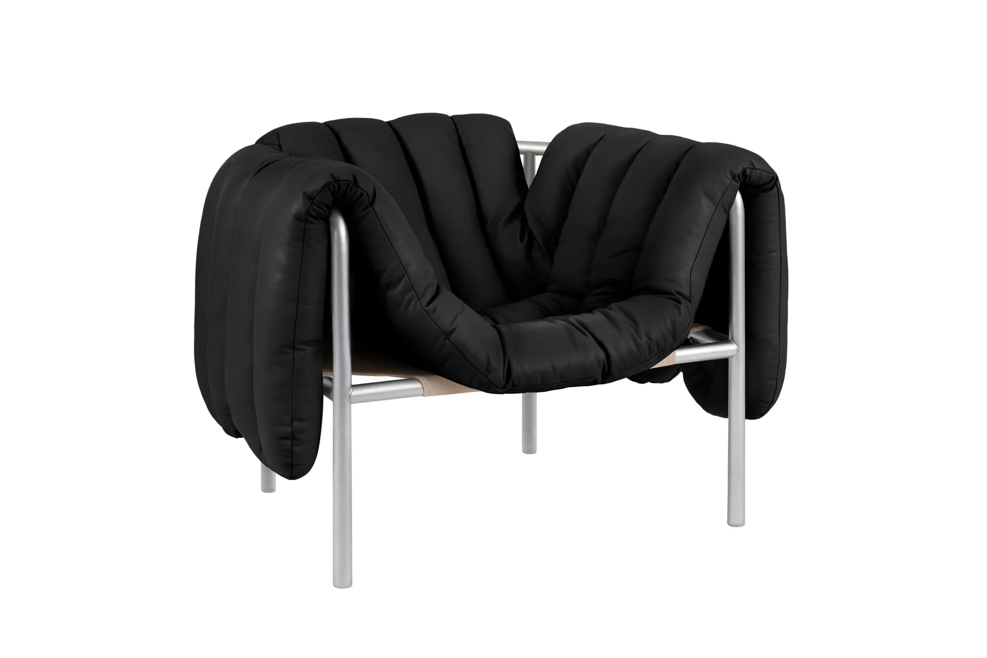 Cadeira lounge Puffy, Black leather-aço inoxidável Hem