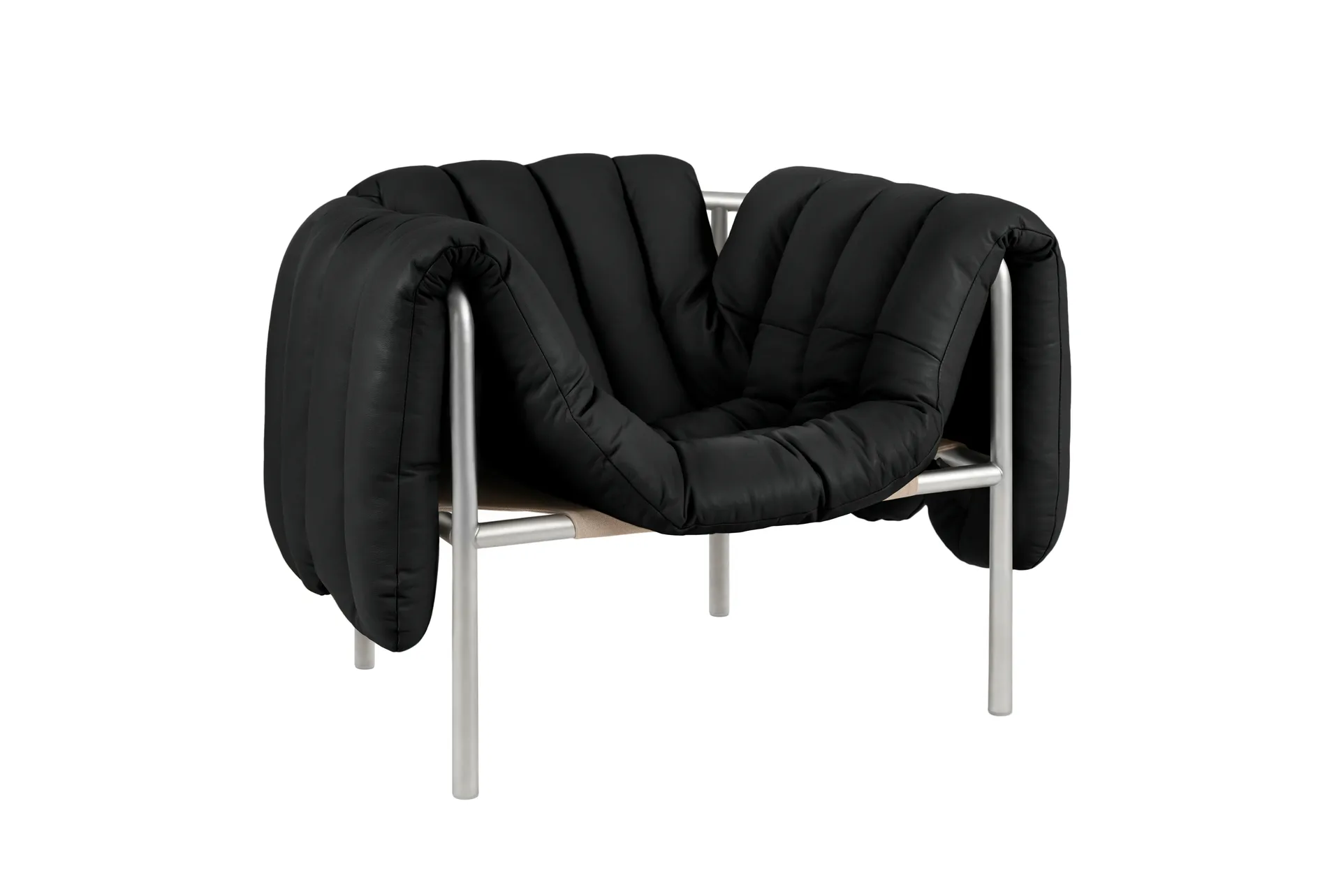 Cadeira lounge Puffy, Black leather-aço inoxidável Hem