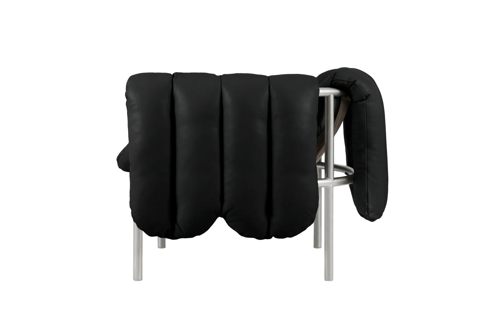 Cadeira lounge Puffy, Black leather-aço inoxidável Hem