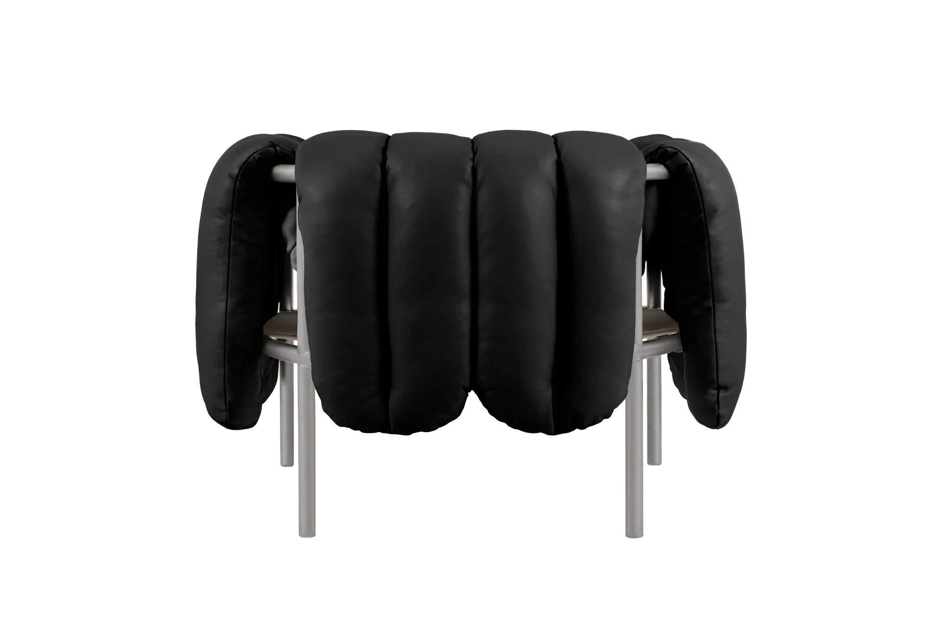 Cadeira lounge Puffy, Black leather-aço inoxidável Hem