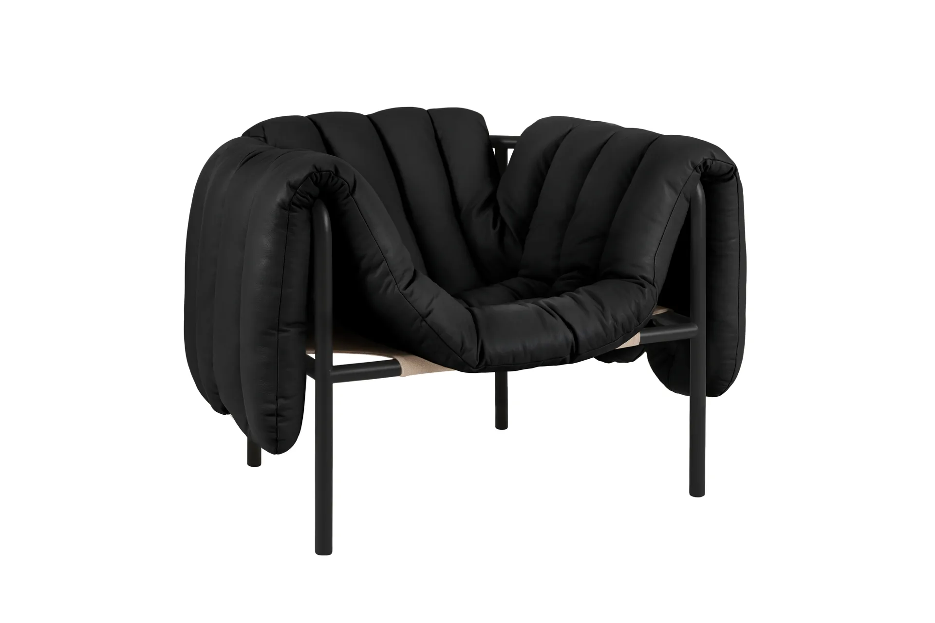 Cadeira lounge Puffy, Black leather-black grey Hem