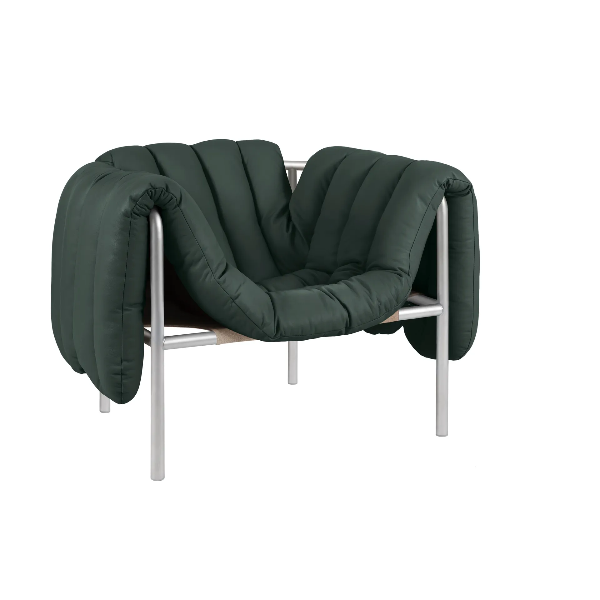 Cadeira lounge Puffy, Dark green leather-aço inoxidável Hem
